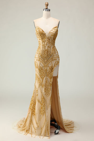 Sparkly Golden Beaded Strapless Mermaid Long Prom Dress with Slit