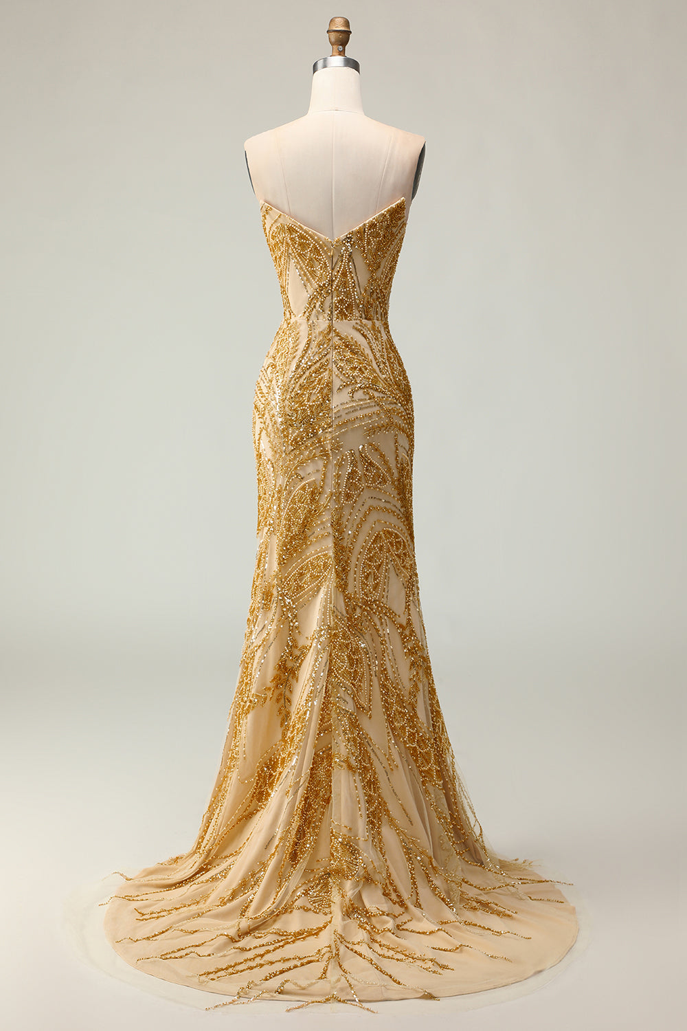Sparkly Golden Mermaid Strapless Long Prom Dress with Beading