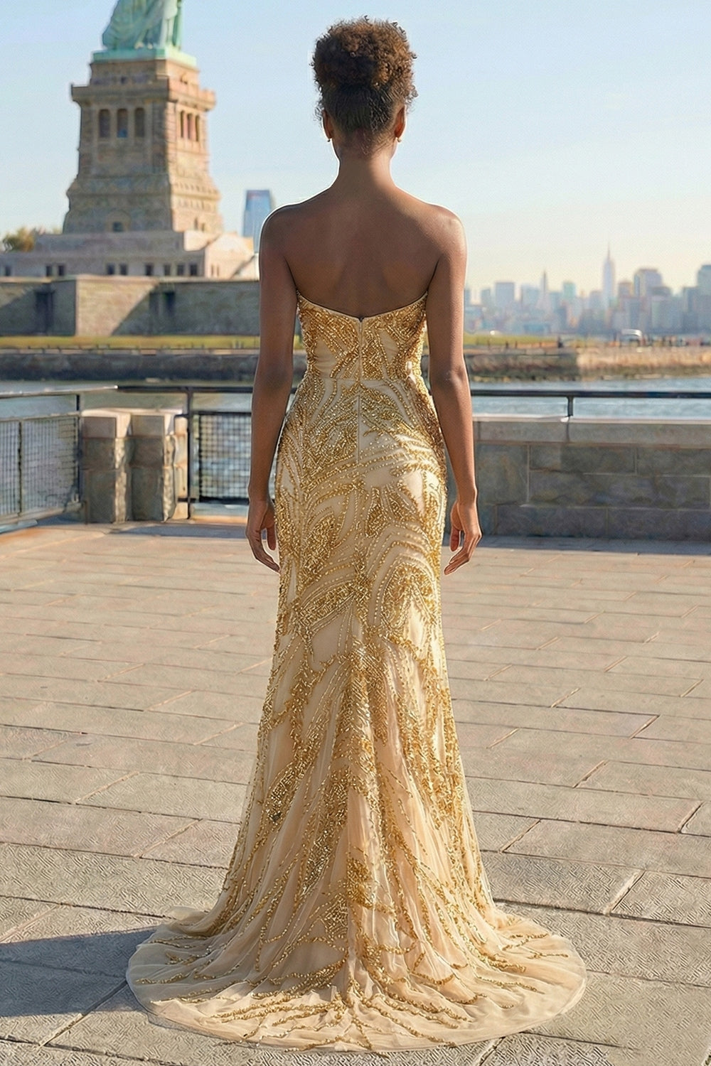 Sparkly Golden Mermaid Strapless Long Prom Dress with Beading