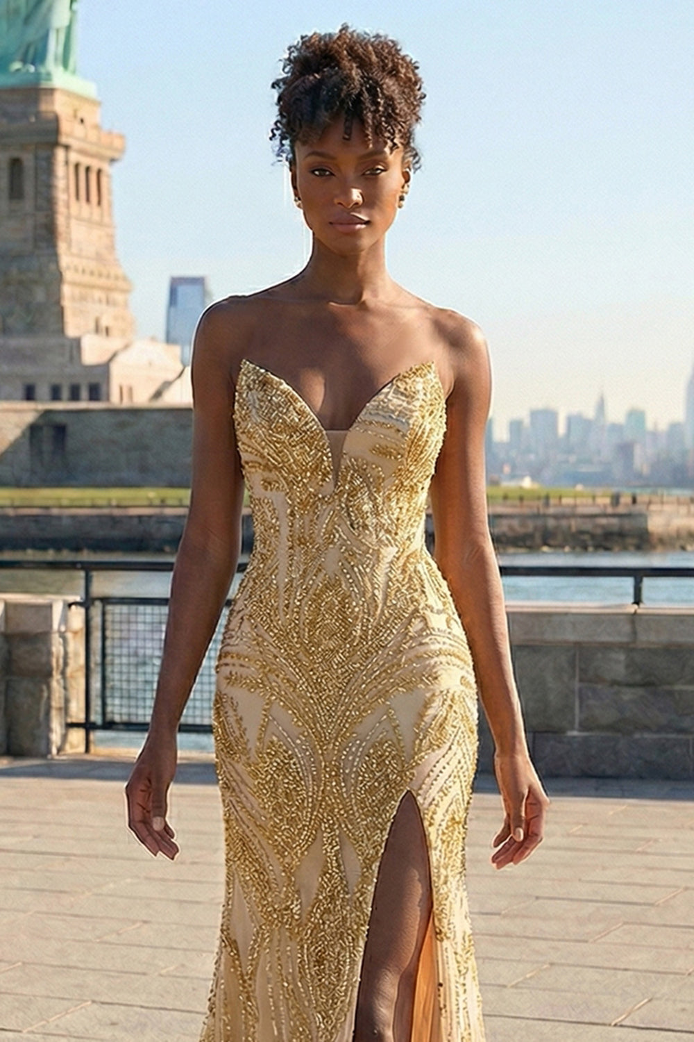 Sparkly Golden Mermaid Strapless Long Prom Dress with Beading
