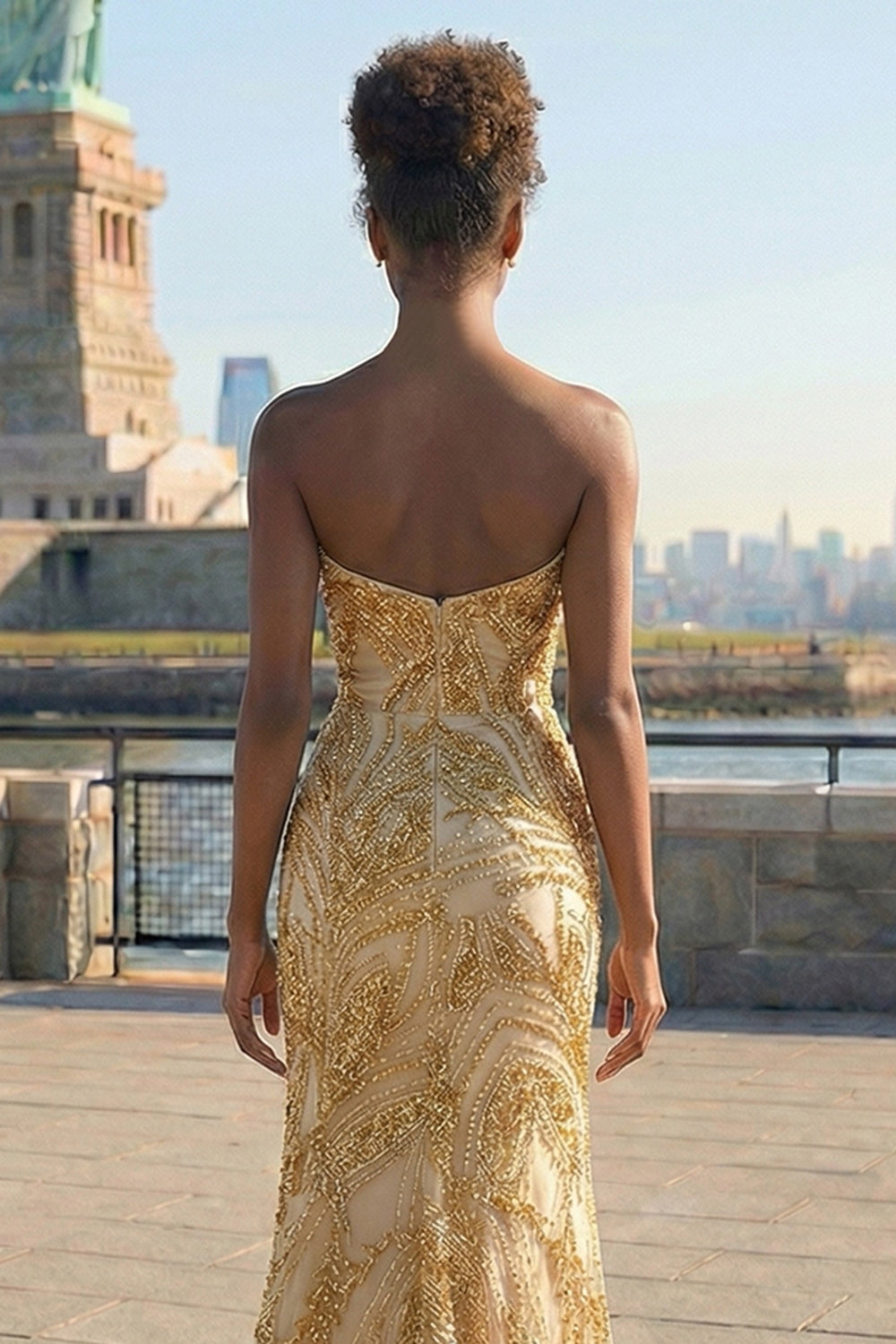 Sparkly Golden Mermaid Strapless Long Prom Dress with Beading
