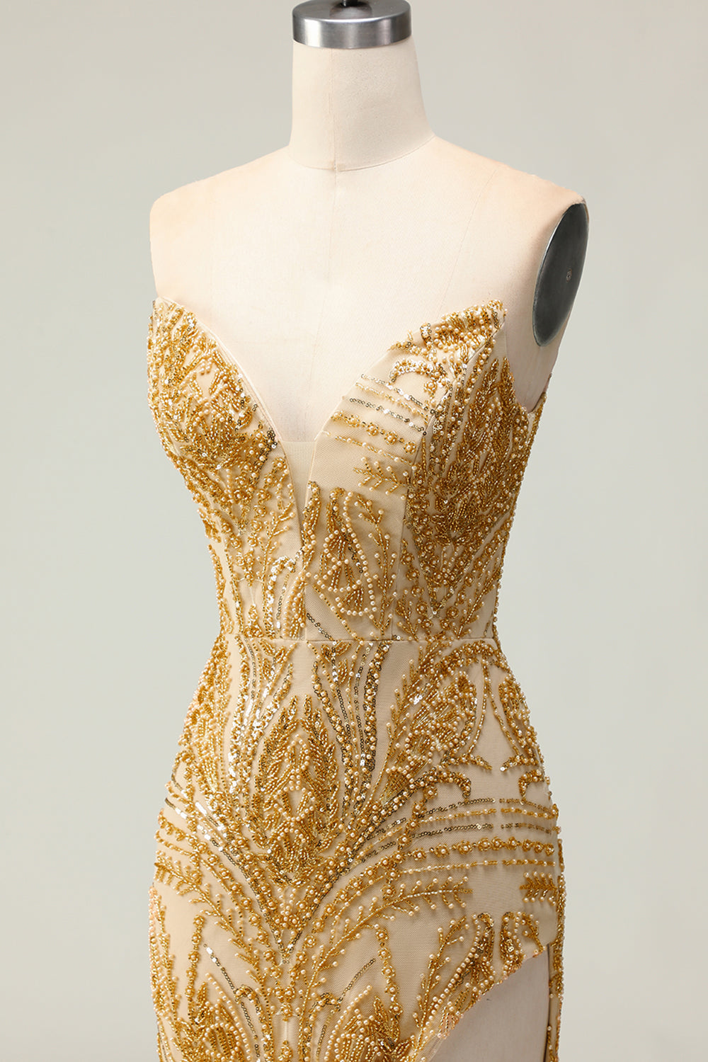Sparkly Golden Beaded Strapless Mermaid Long Prom Dress with Slit