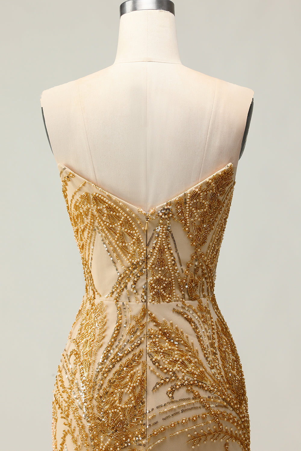Sparkly Golden Beaded Strapless Mermaid Long Prom Dress with Slit