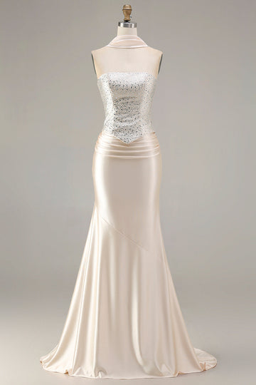 Sparkly Champagne Mermaid Neck Scarf Long Prom Dress with Beading