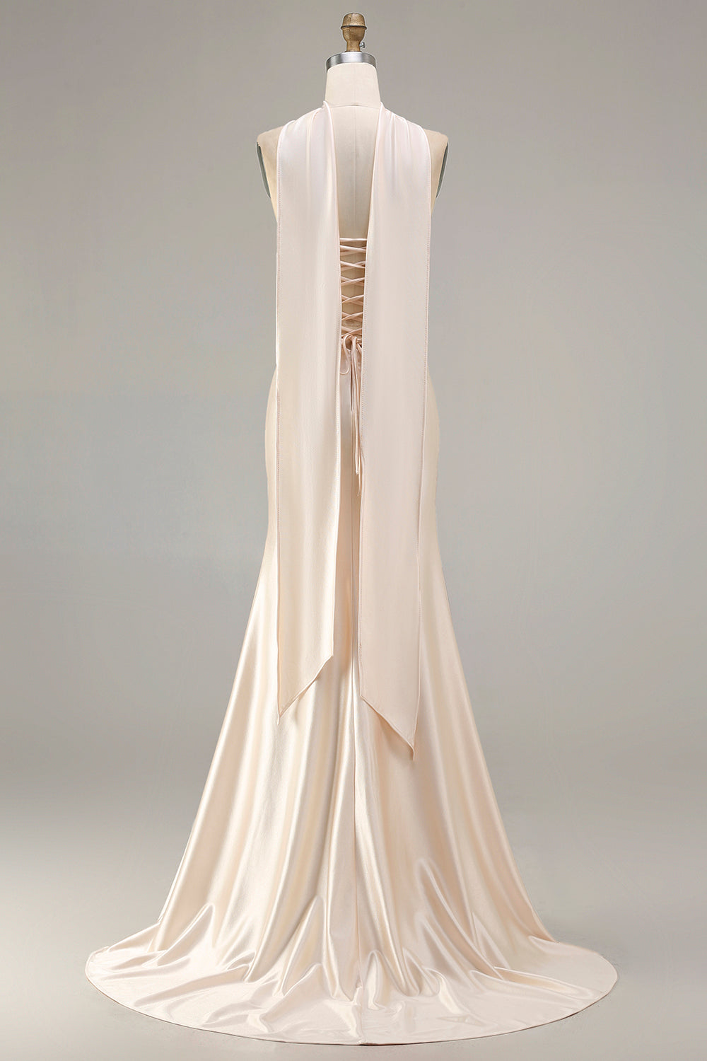 Sparkly Champagne Mermaid Neck Scarf Long Prom Dress with Beading