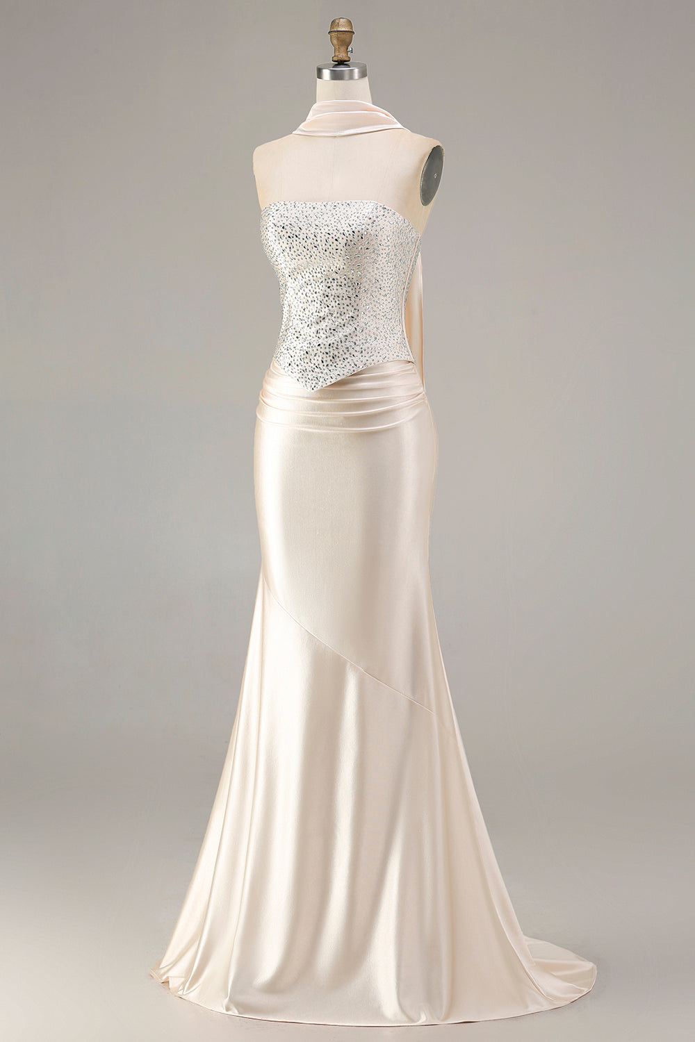 Sparkly Champagne Mermaid Neck Scarf Long Prom Dress with Beading