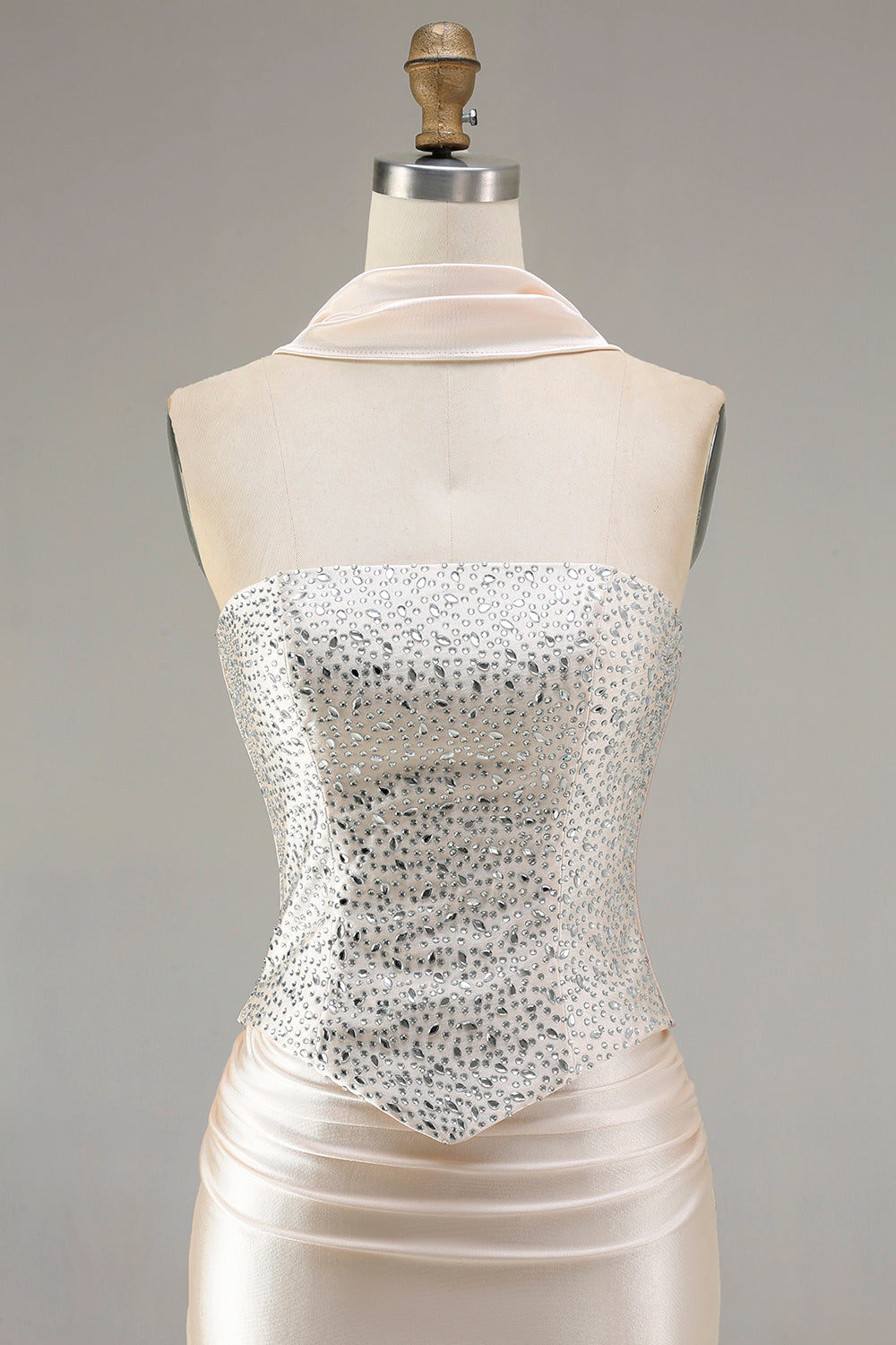 Sparkly Champagne Mermaid Neck Scarf Long Prom Dress with Beading