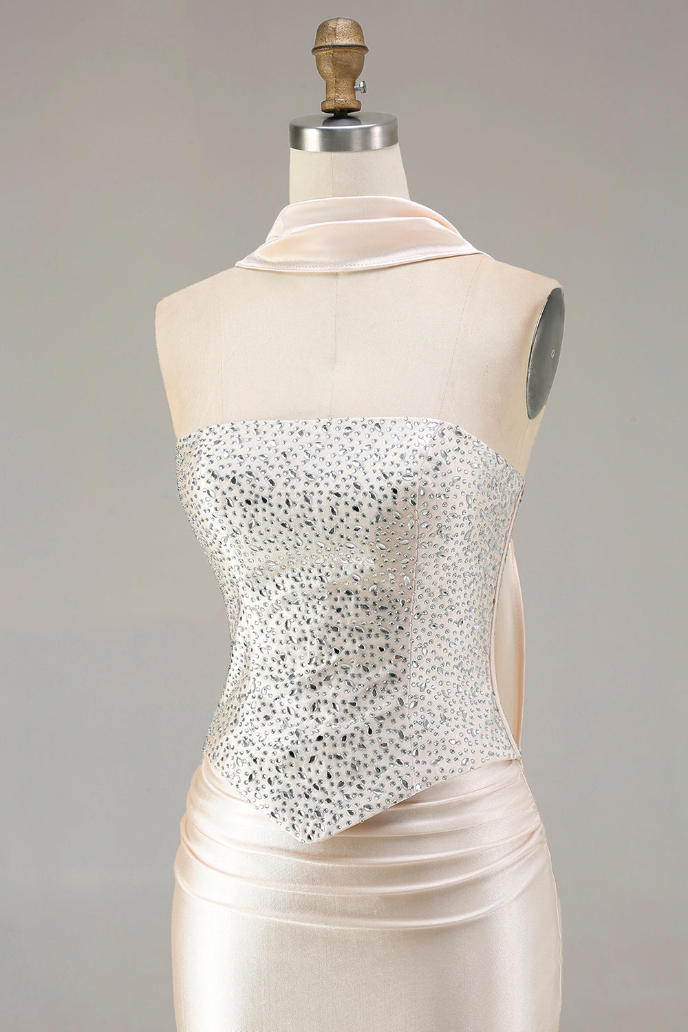 Sparkly Champagne Mermaid Neck Scarf Long Prom Dress with Beading
