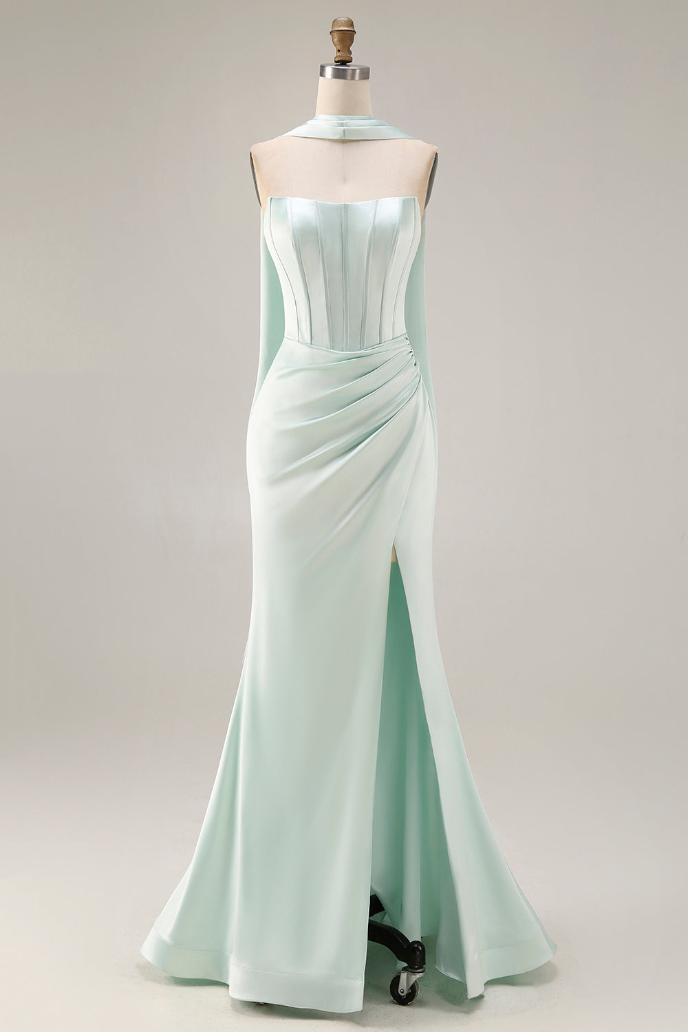 Light Green Neck Scarf Mermaid Long Corset Prom Dress with Slit