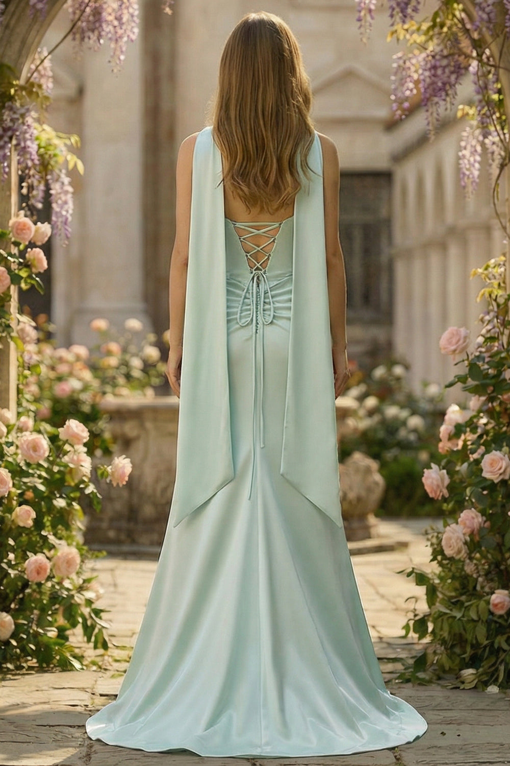 Light Green Mermaid Neck Scarf Long Corset Prom Dress with Slit