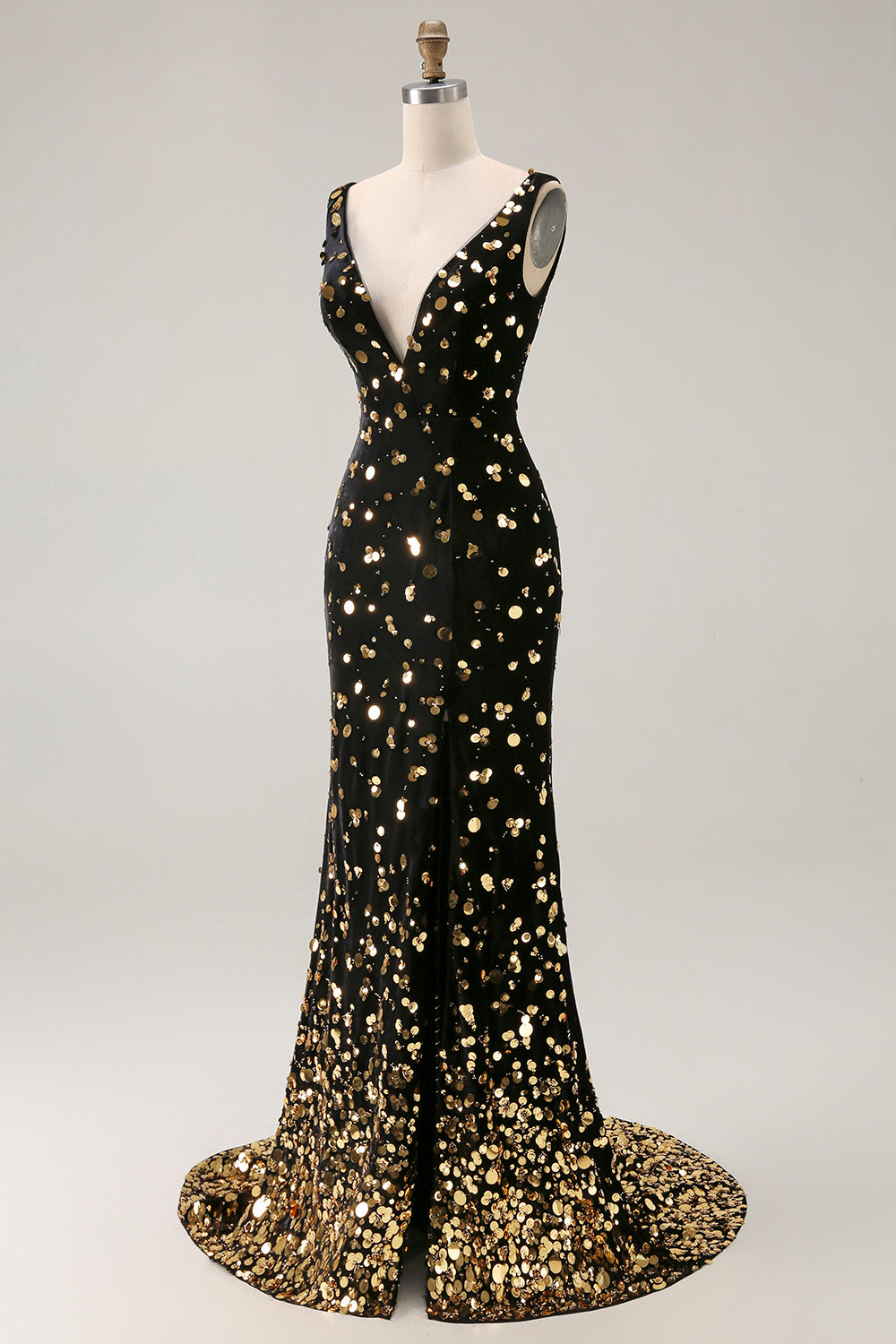 Sparkly Black Golden Beaded Mermaid V Neck Long Prom Dress