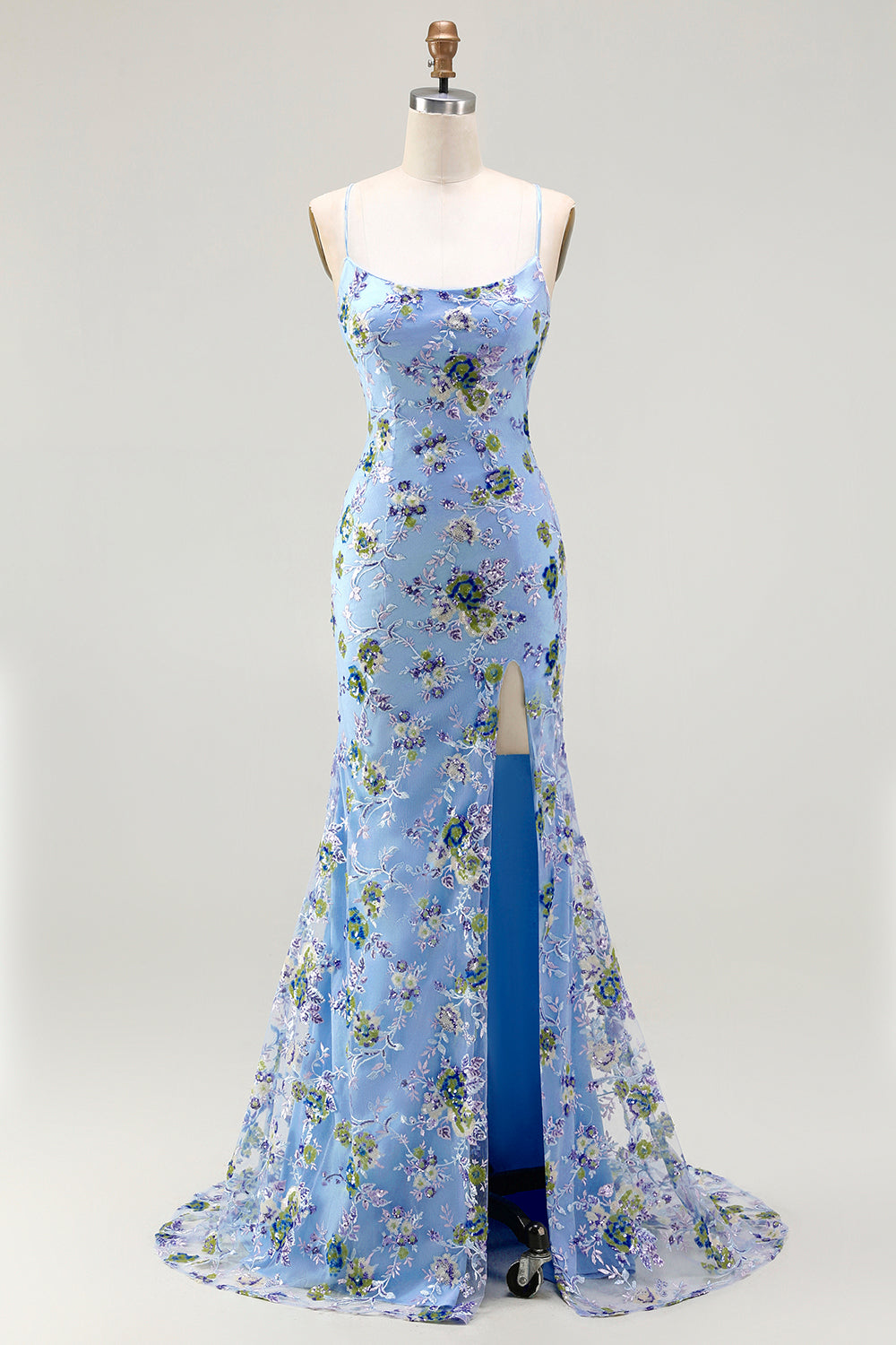Sparkly Floral Black and Purple Sequin Mermaid Long Prom Dress with Slit