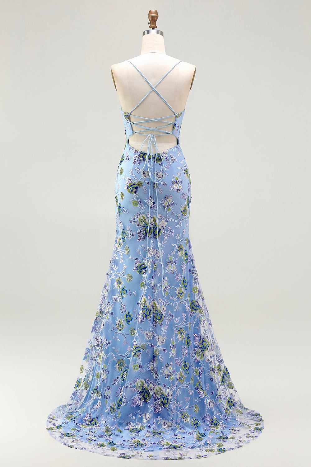 Sparkly Floral Blue Green Sequin Spaghetti Straps Long Prom Dress with Slit