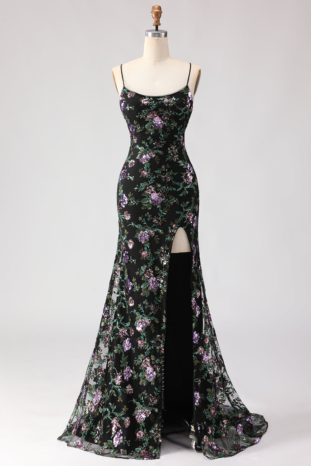 Sparkly Floral Blue Green Sequin Spaghetti Straps Long Prom Dress with Slit