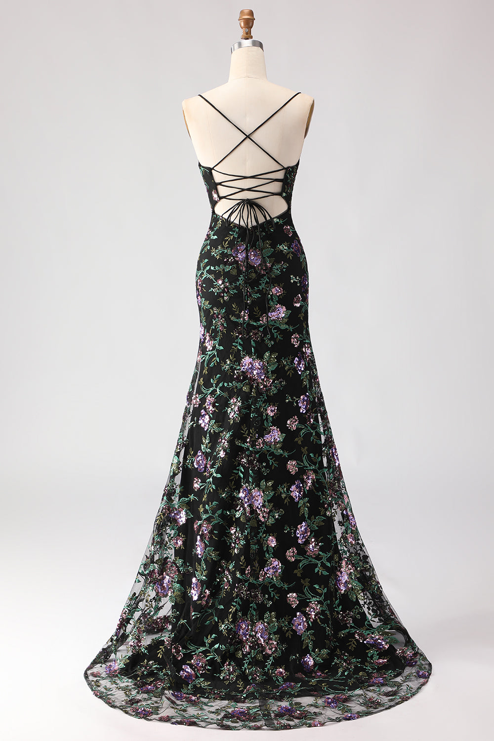 Sparkly Floral Blue Green Sequin Spaghetti Straps Long Prom Dress with Slit