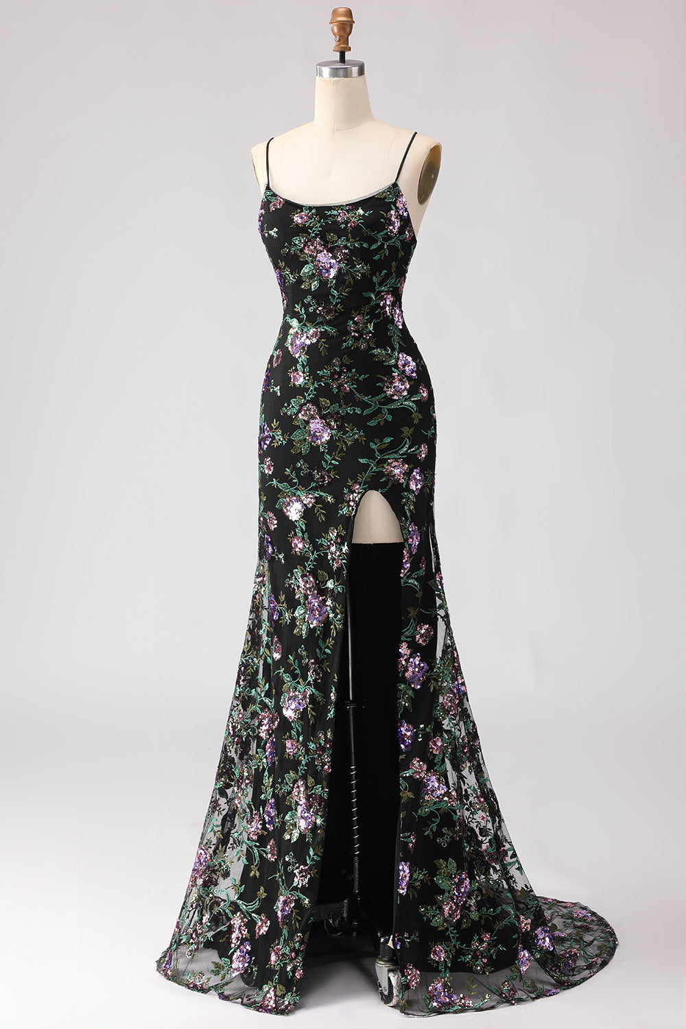 Sparkly Floral Blue Green Sequin Spaghetti Straps Long Prom Dress with Slit