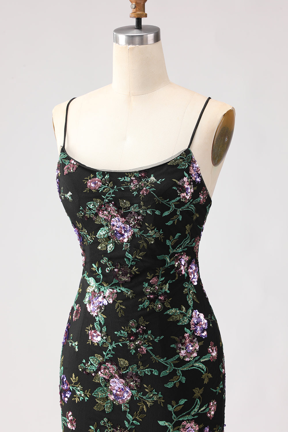 Sparkly Floral Black and Purple Sequin Mermaid Long Prom Dress with Slit