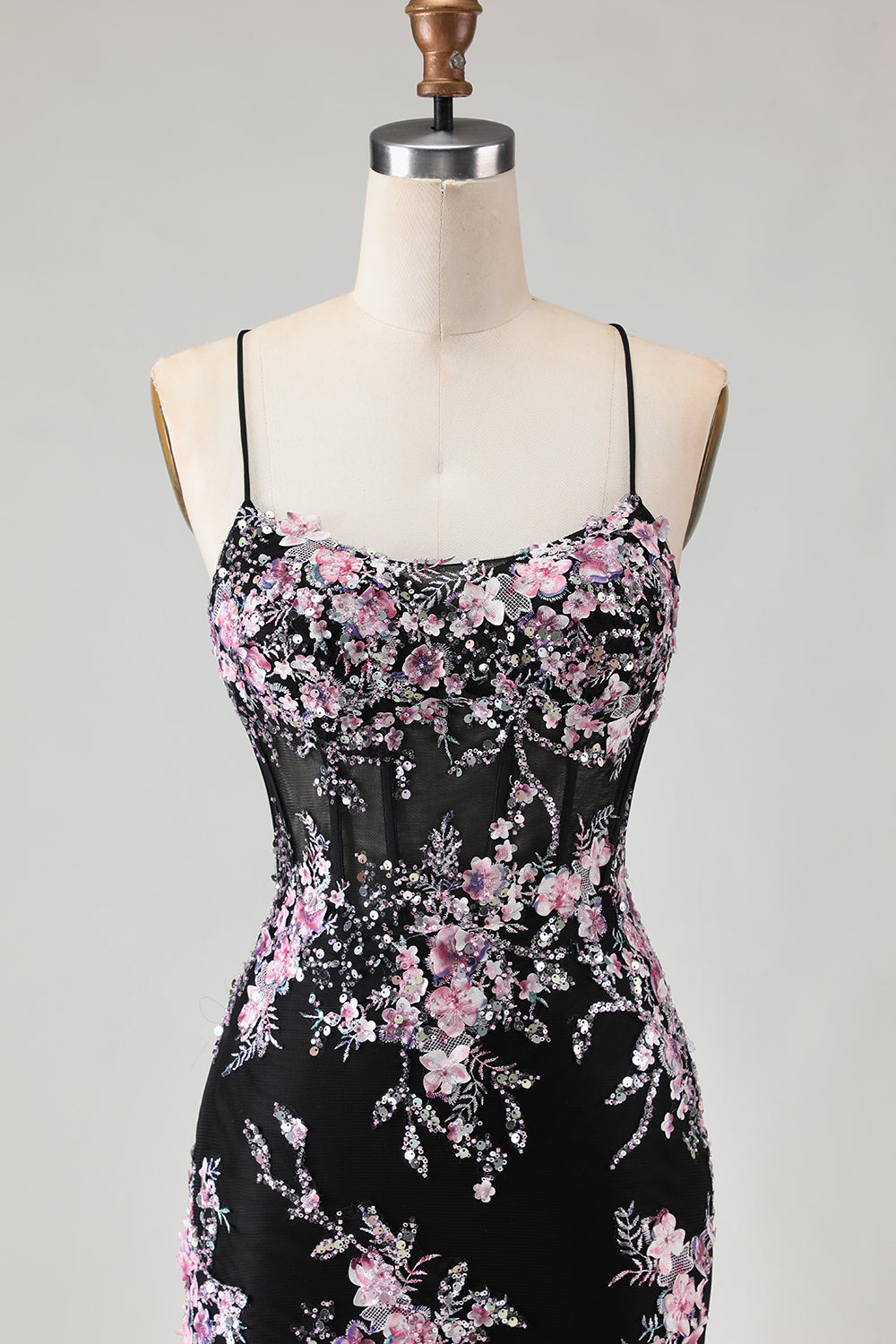 Sparkly Black and Pink Floral Mermaid Beaded Long Corset Prom Dress