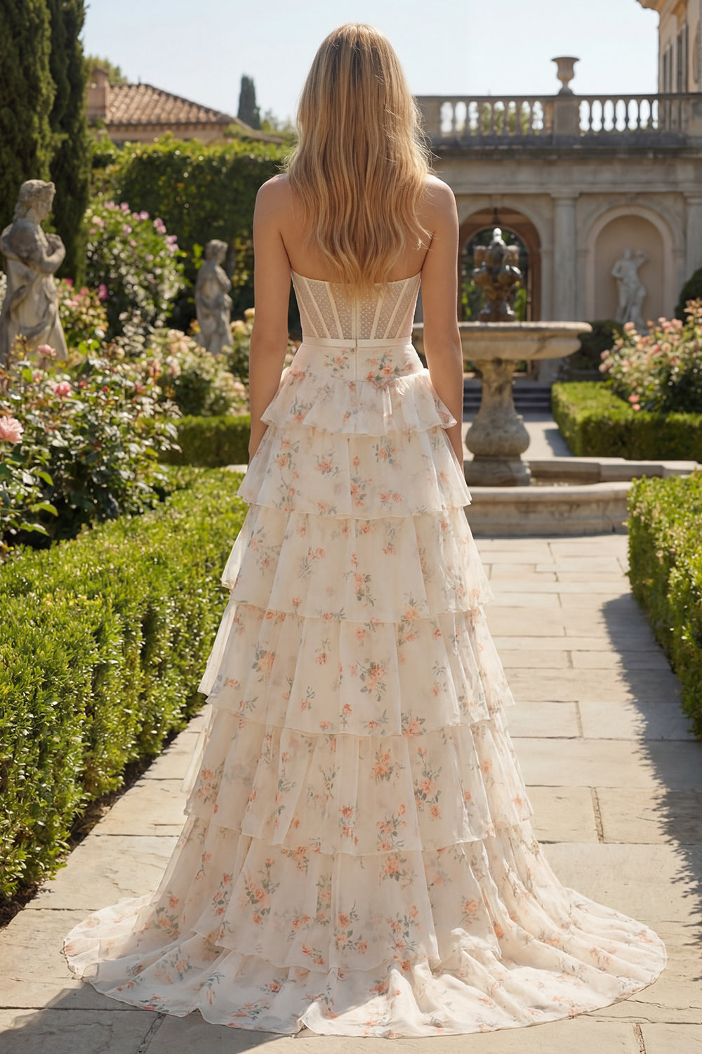 Pink and Red Floral Tiered Ruffled Long Corset Prom Dress with Bow