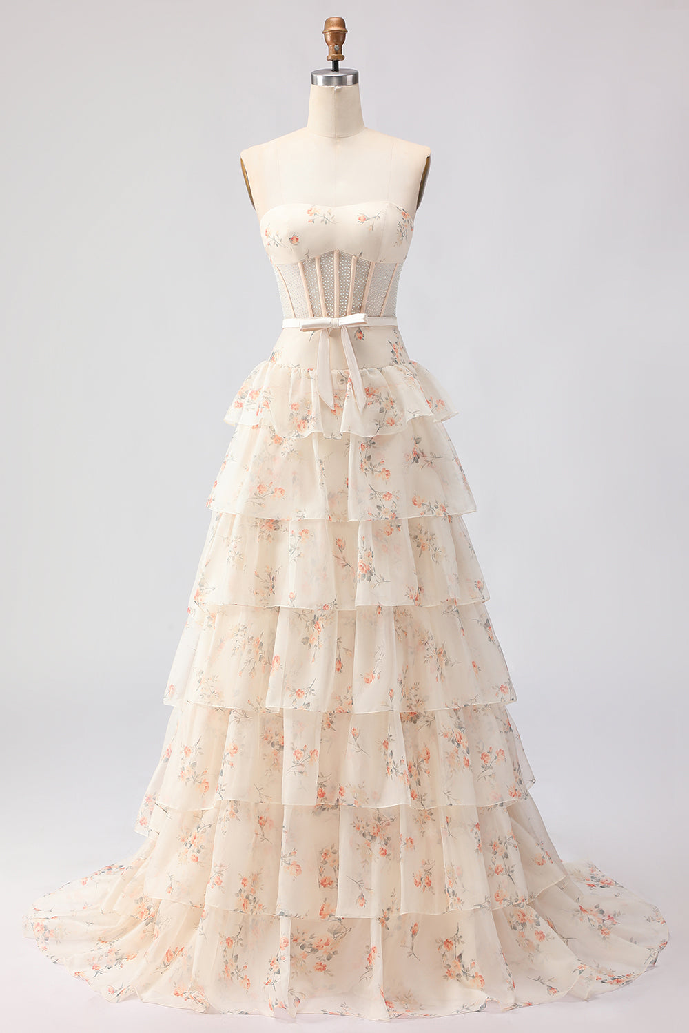 Floral Yellow and Blue Ruffled Sweetheart Long Corset Prom Dress