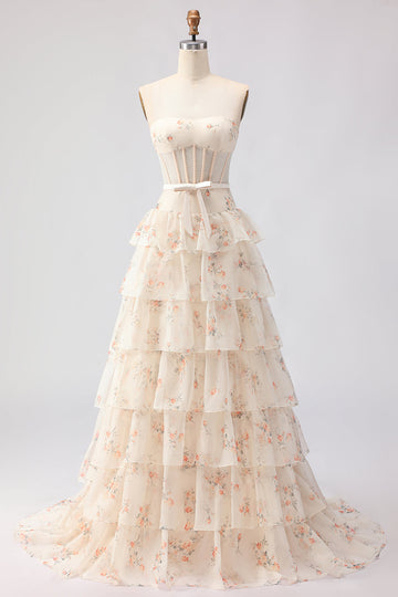 Floral Champange and Orange Ruffled A Line Long Corset Prom Dress with Bow