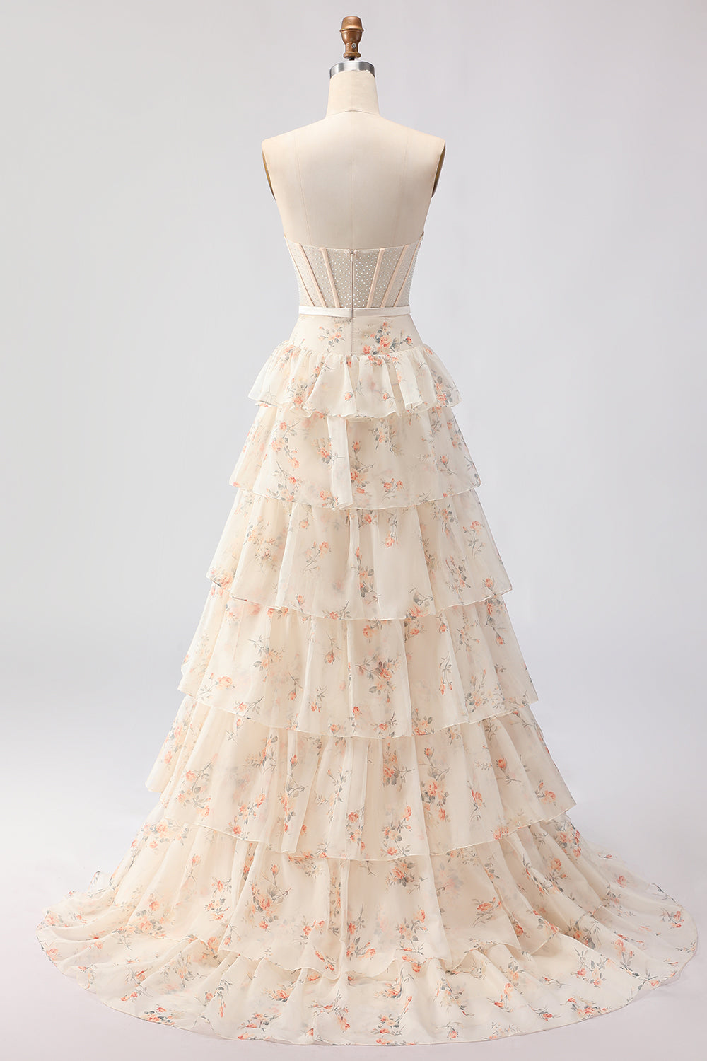 Pink and Red Floral Tiered Ruffled Long Corset Prom Dress with Bow