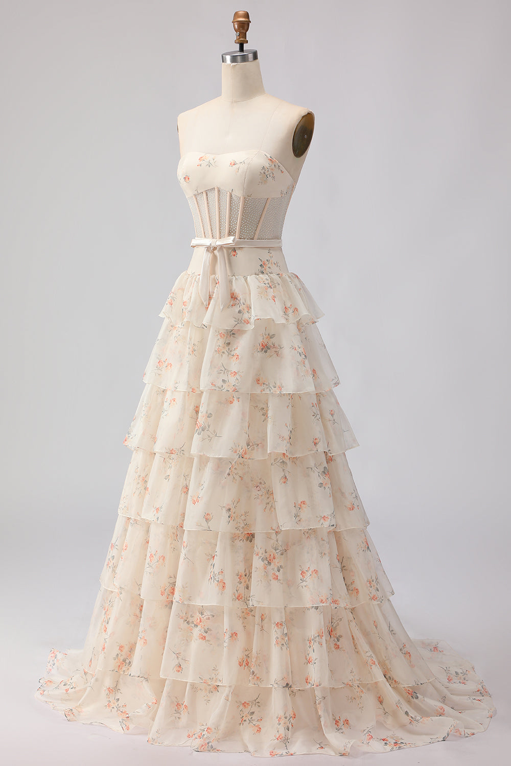 Floral Yellow and Blue Ruffled Sweetheart Long Corset Prom Dress