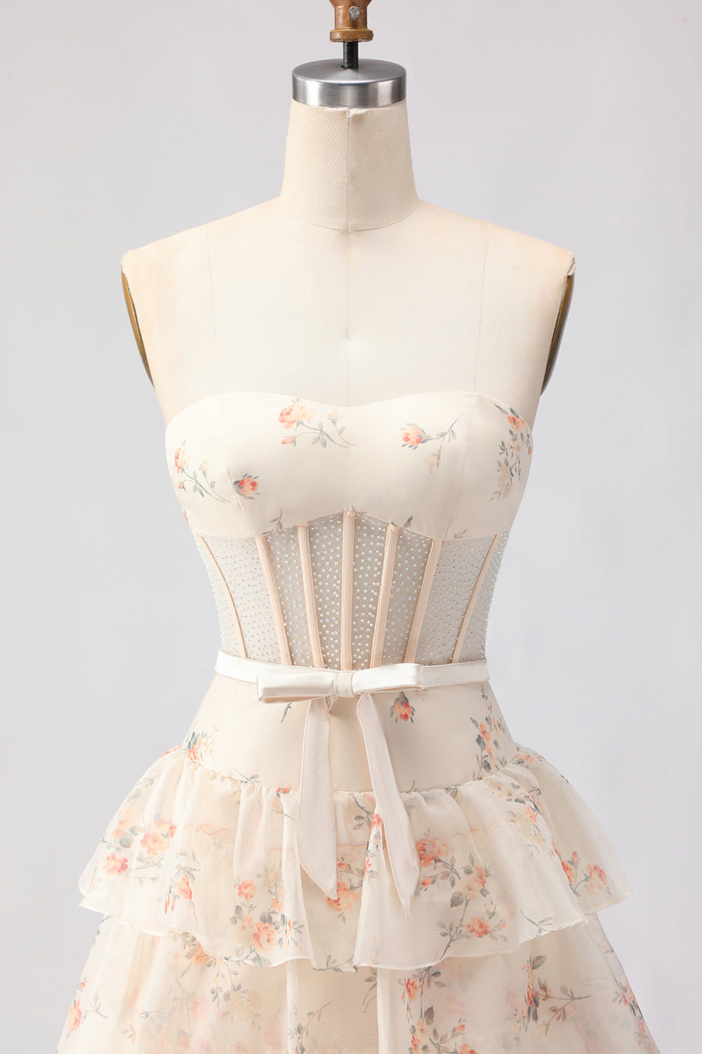 Floral Yellow and Blue Ruffled Sweetheart Long Corset Prom Dress