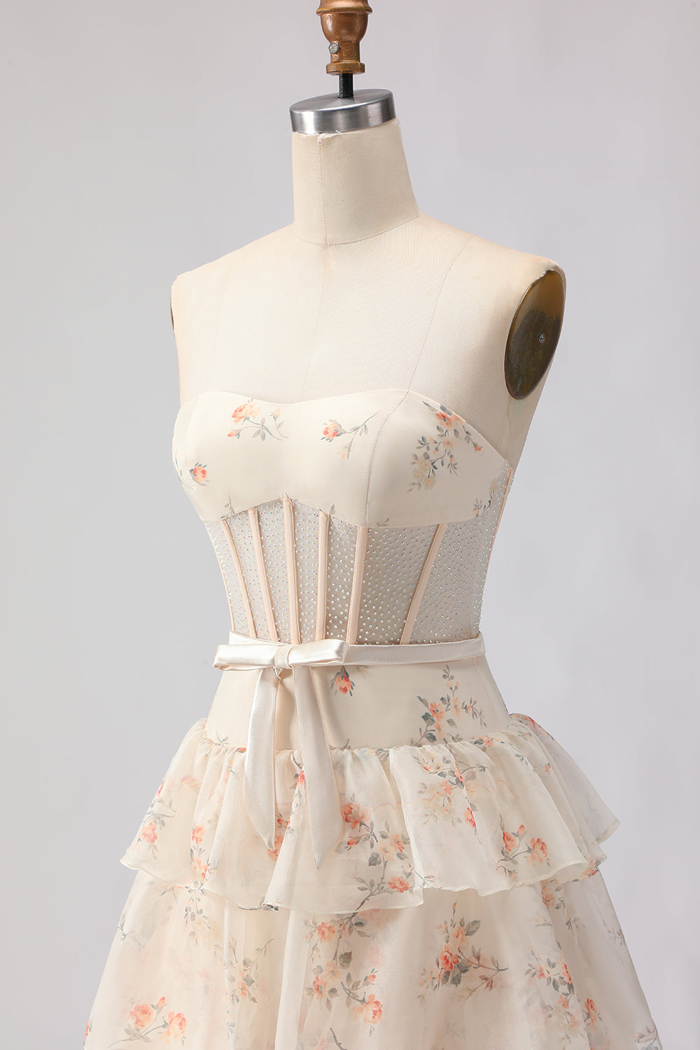 Pink and Red Floral Tiered Ruffled Long Corset Prom Dress with Bow