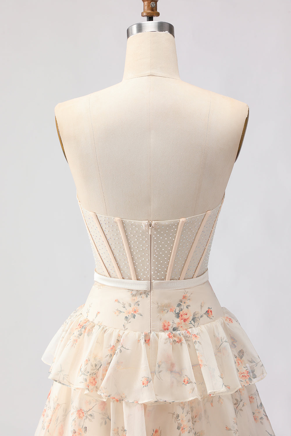 Pink and Red Floral Tiered Ruffled Long Corset Prom Dress with Bow