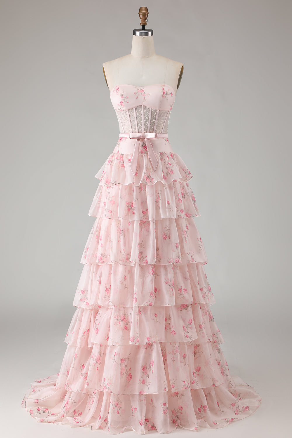 Floral Yellow and Blue Ruffled Sweetheart Long Corset Prom Dress