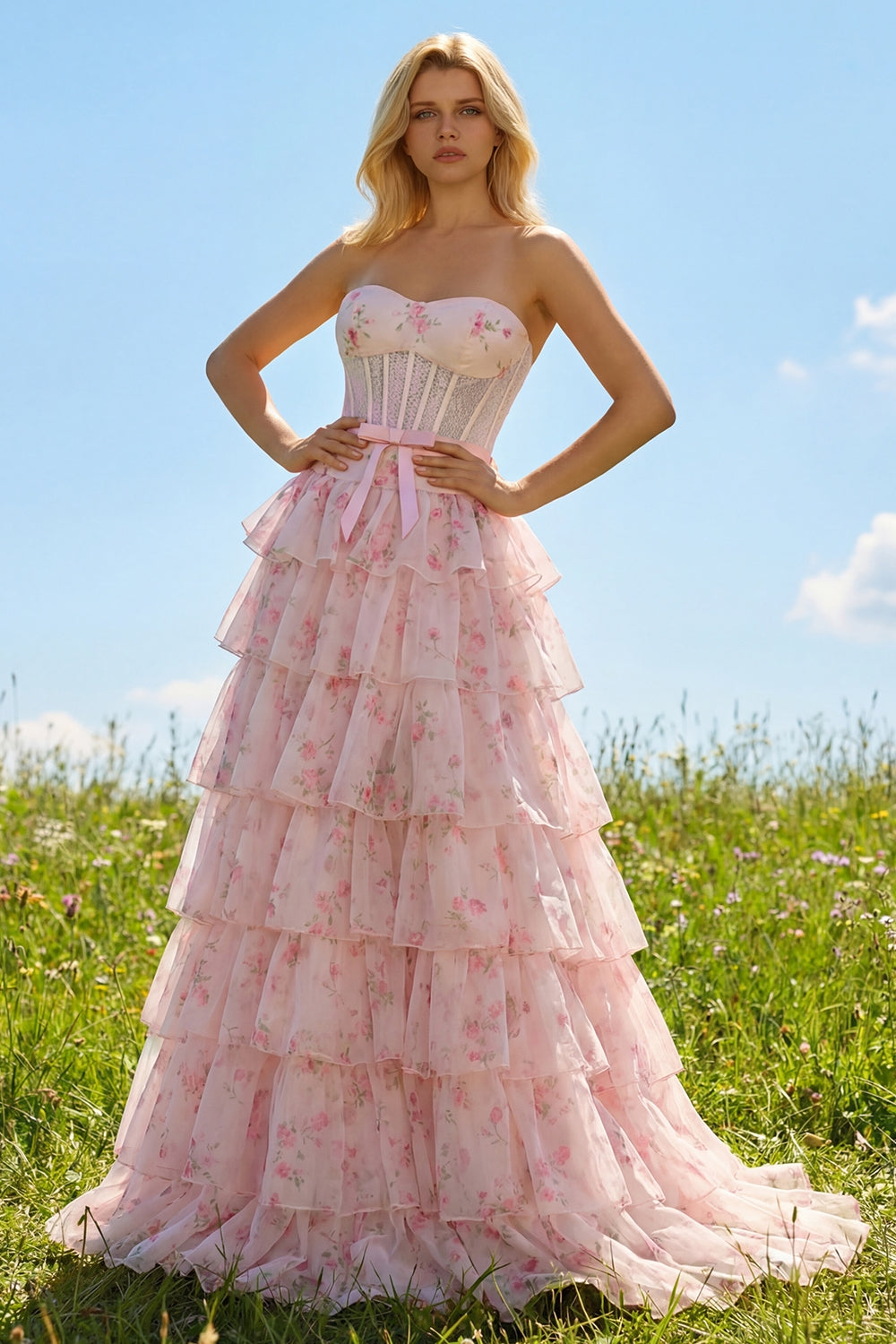 Pink and Red Floral Tiered Ruffled Long Corset Prom Dress with Bow