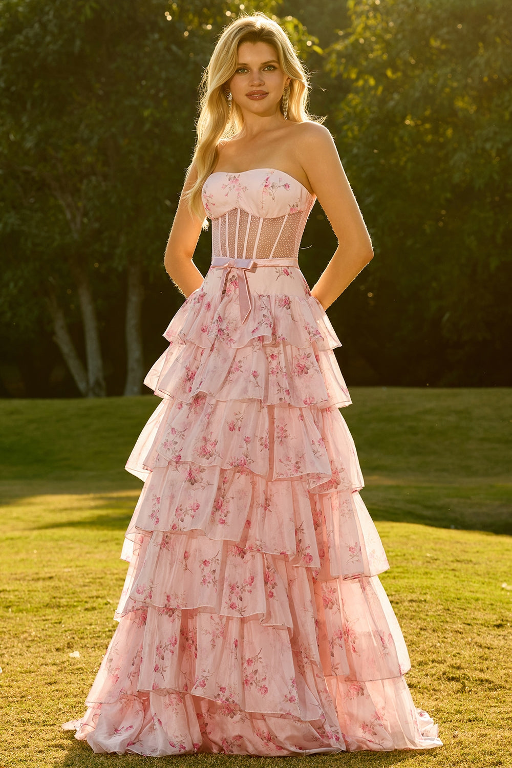 Floral Yellow and Blue Ruffled Sweetheart Long Corset Prom Dress