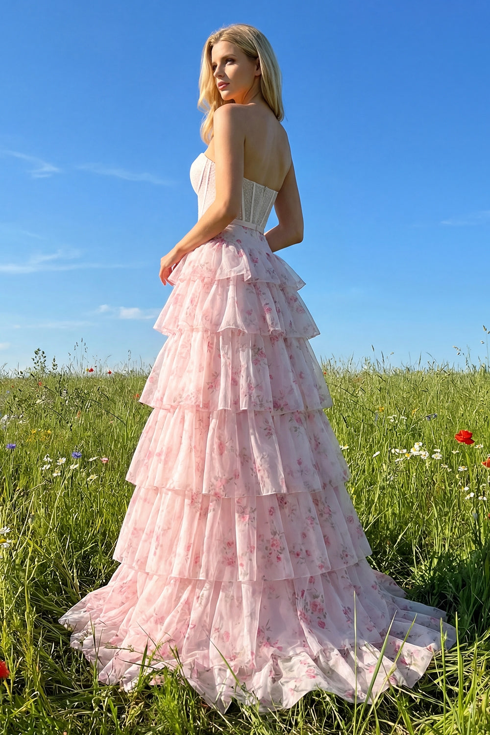 Pink and Red Floral Tiered Ruffled Long Corset Prom Dress with Bow