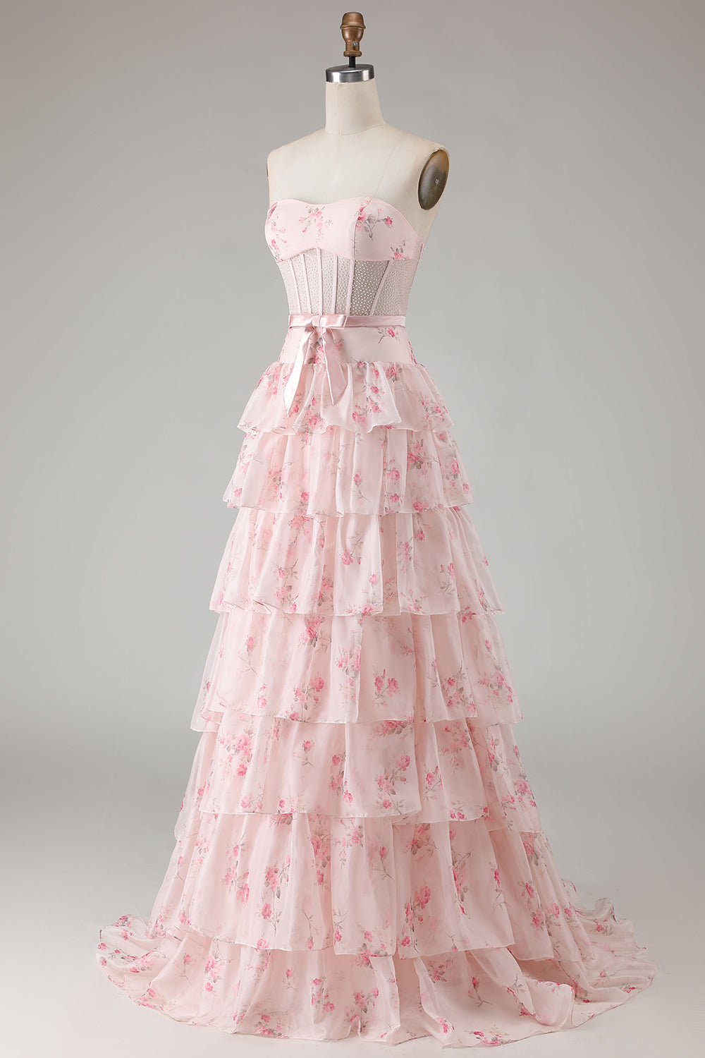 Floral Champange and Orange Ruffled A Line Long Corset Prom Dress with Bow