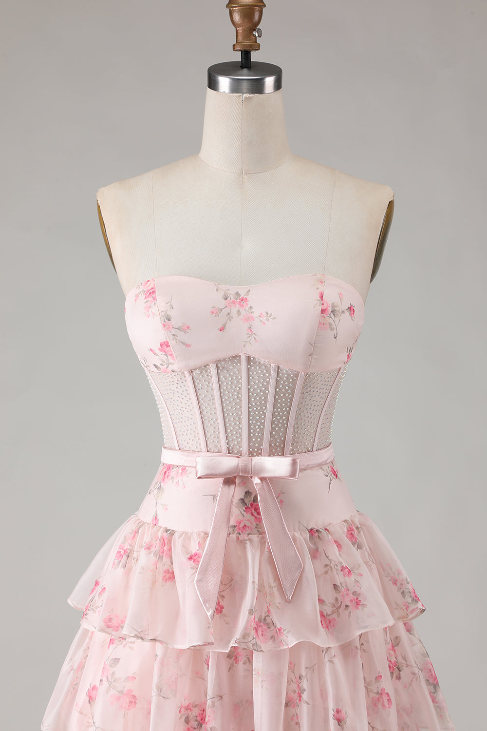 Pink and Red Floral Tiered Ruffled Long Corset Prom Dress with Bow