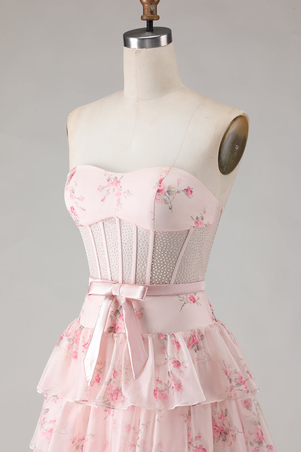 Pink and Red Floral Tiered Ruffled Long Corset Prom Dress with Bow
