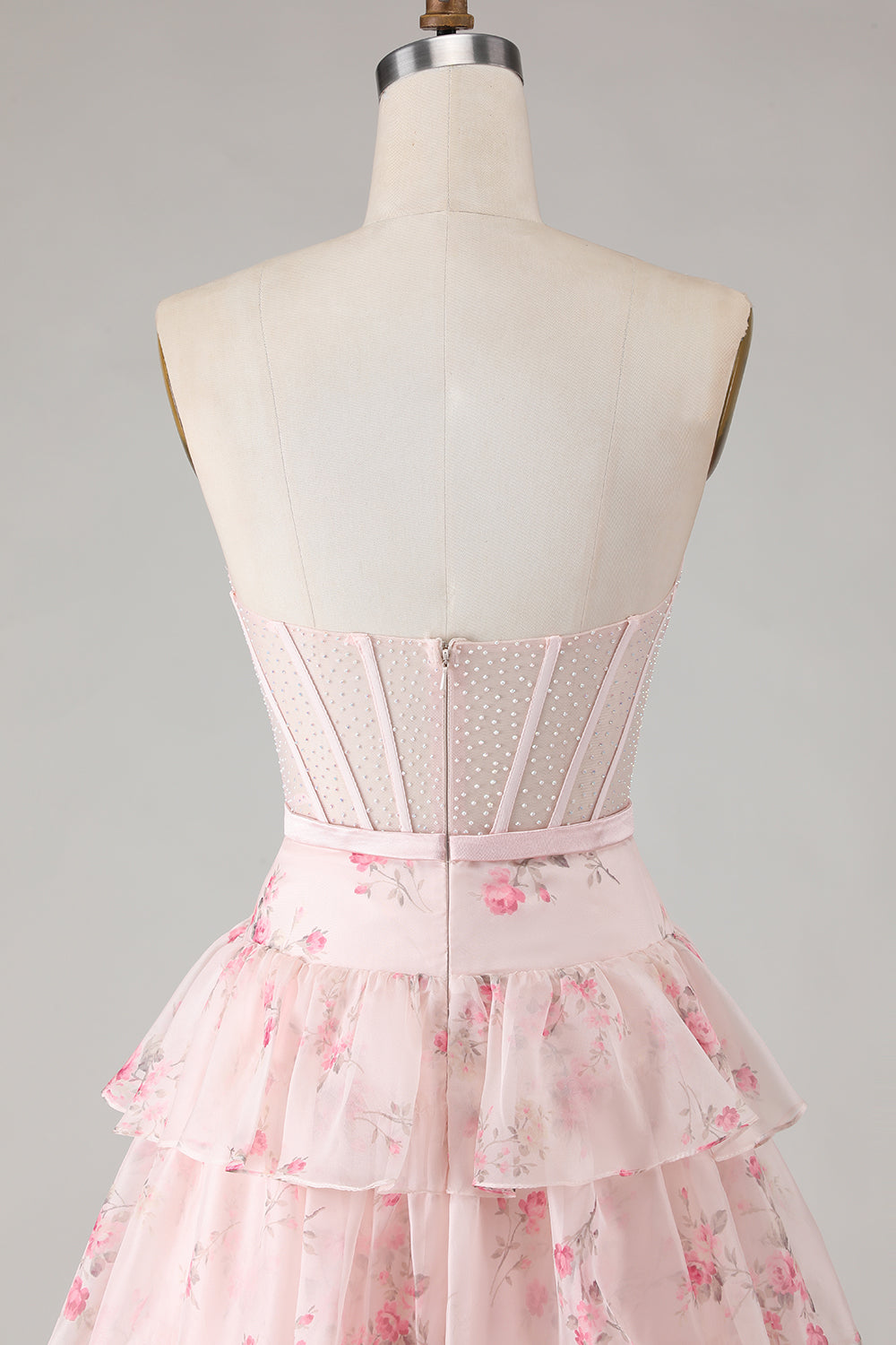 Pink and Red Floral Tiered Ruffled Long Corset Prom Dress with Bow