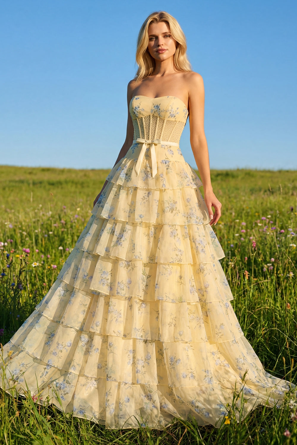 Pink and Red Floral Tiered Ruffled Long Corset Prom Dress with Bow