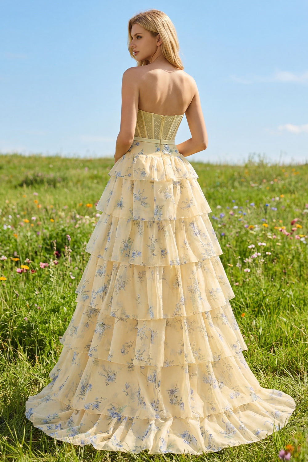 Pink and Red Floral Tiered Ruffled Long Corset Prom Dress with Bow