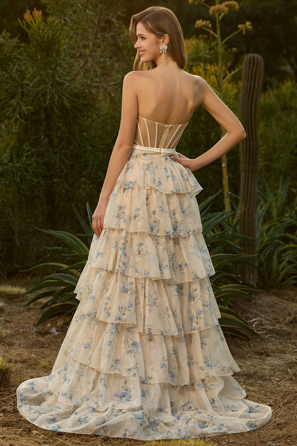 Floral Yellow and Blue Ruffled Sweetheart Long Corset Prom Dress