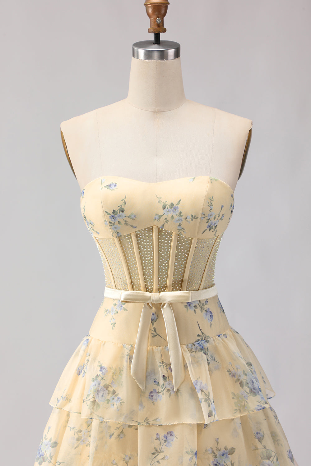 Floral Champange and Orange Ruffled A Line Long Corset Prom Dress with Bow