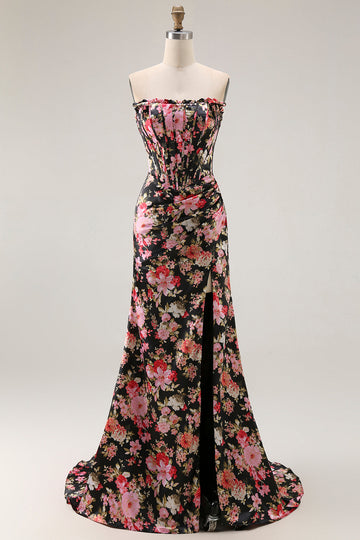 Black Pink Flower Mermaid Corset Long Prom Dress with Slit