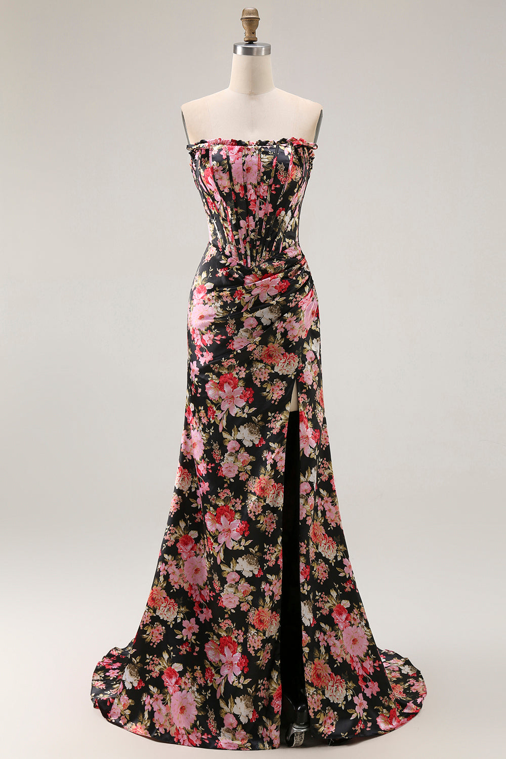 Black Pink Flower Mermaid Corset Long Prom Dress with Slit