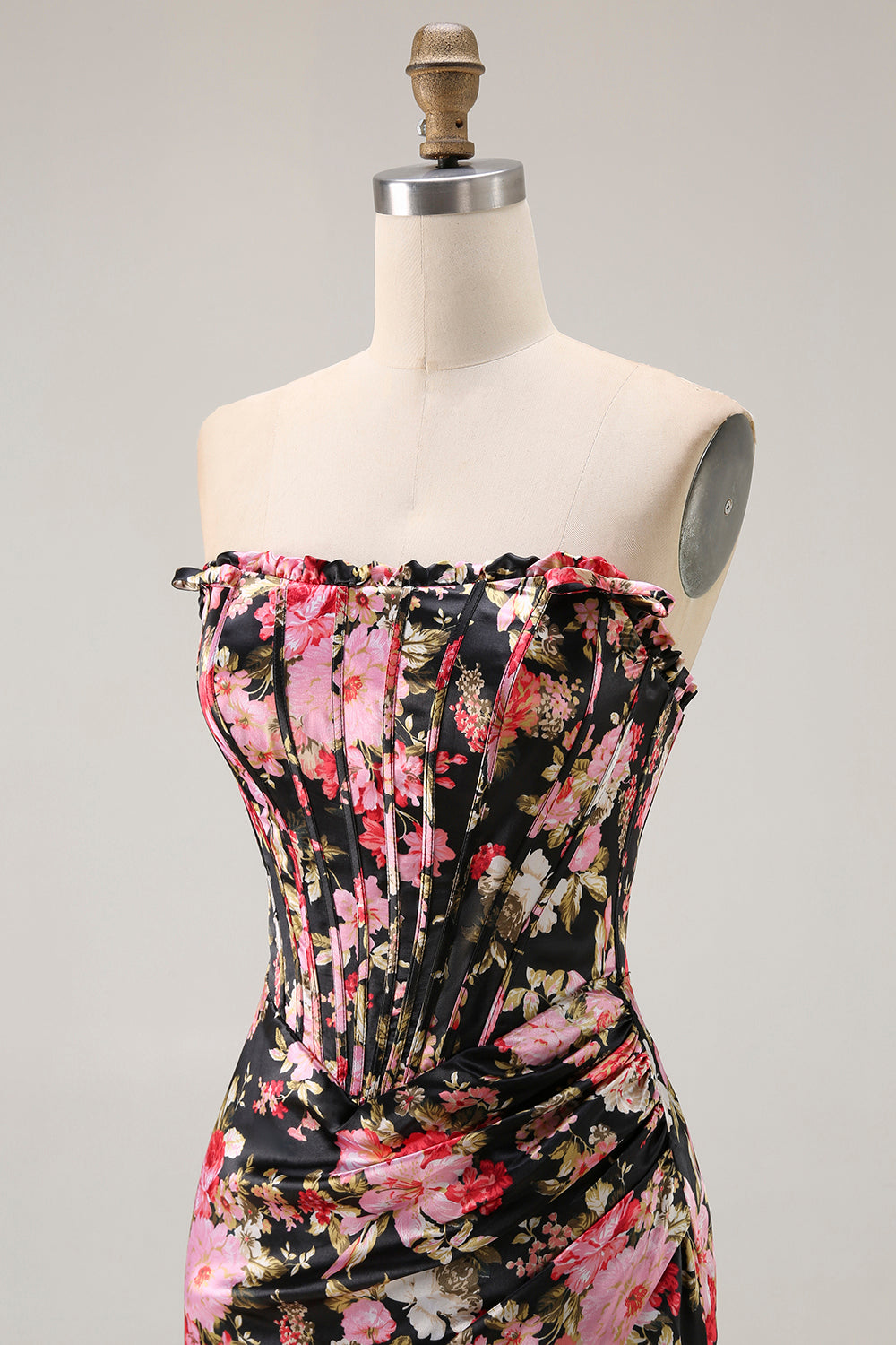 Black Pink Flower Mermaid Corset Long Prom Dress with Slit