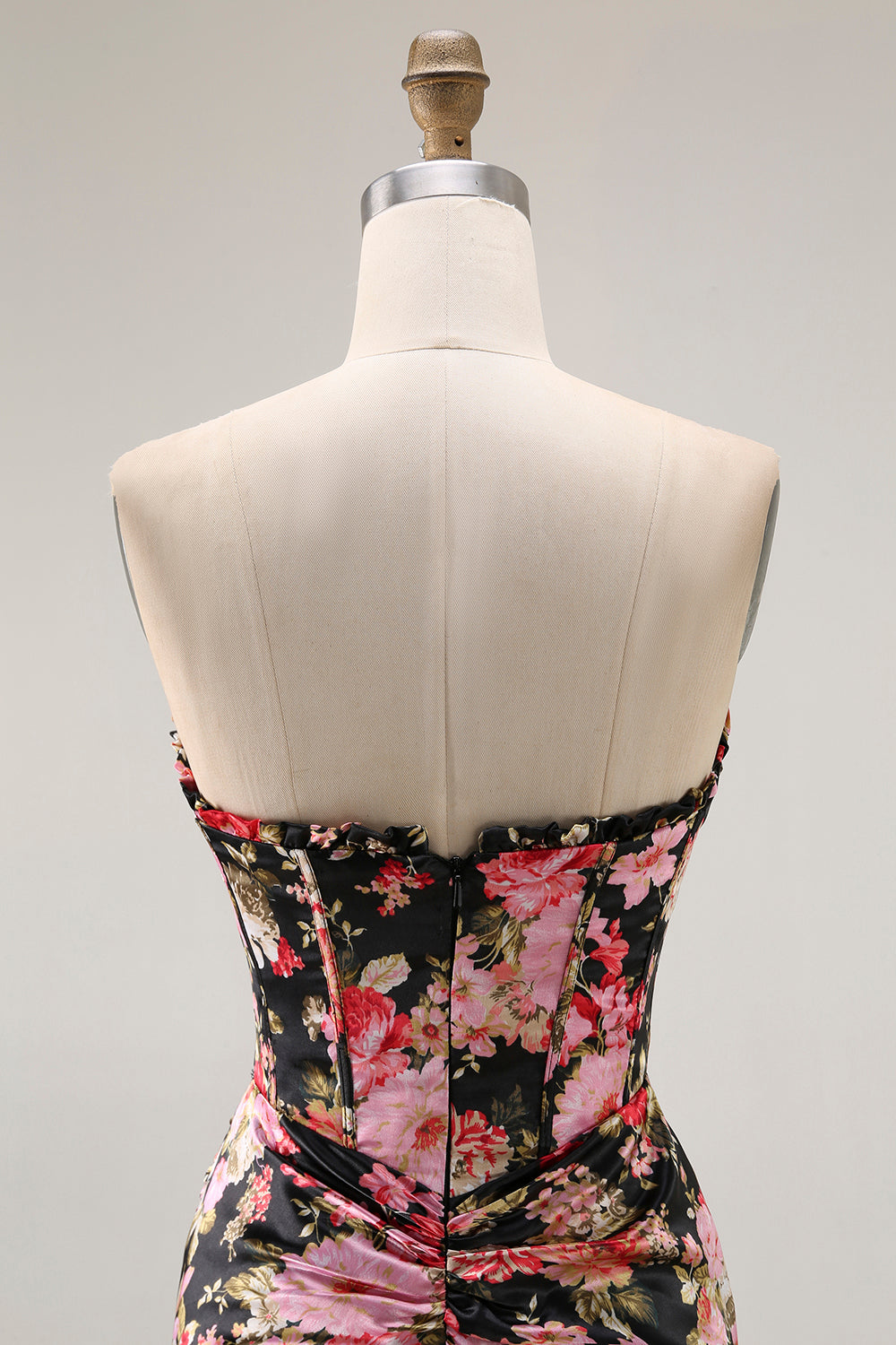 Black Pink Flower Mermaid Corset Long Prom Dress with Slit
