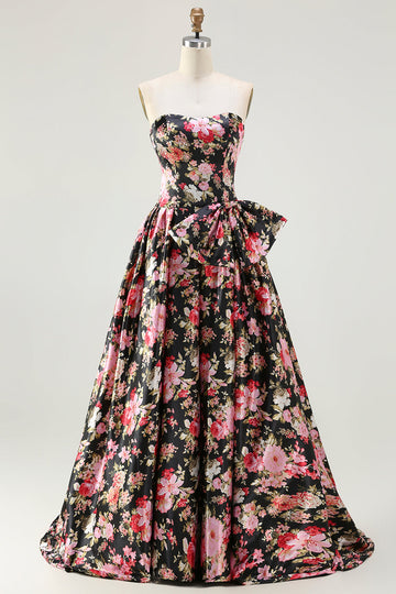 Black and Pink Floral Strapless Corset Long Prom Dress with Bow