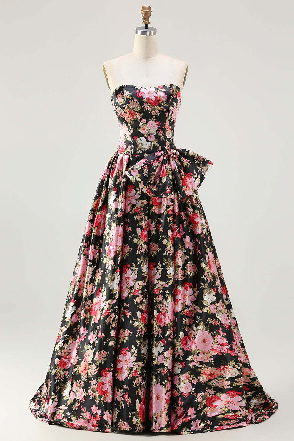 Floral White and Pink A Line Long Corset Prom Dress with Bow