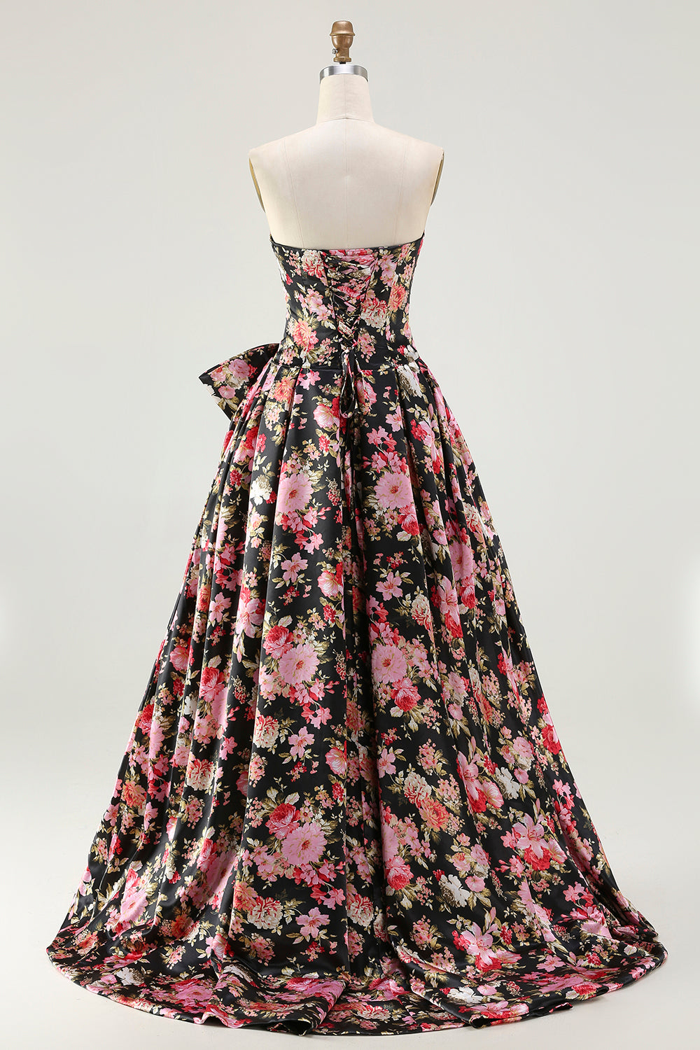 Floral White and Pink A Line Long Corset Prom Dress with Bow