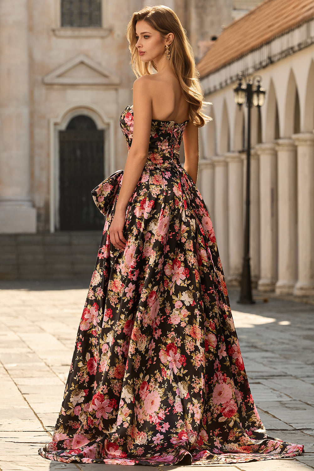 Black and Pink Floral Strapless Corset Long Prom Dress with Bow